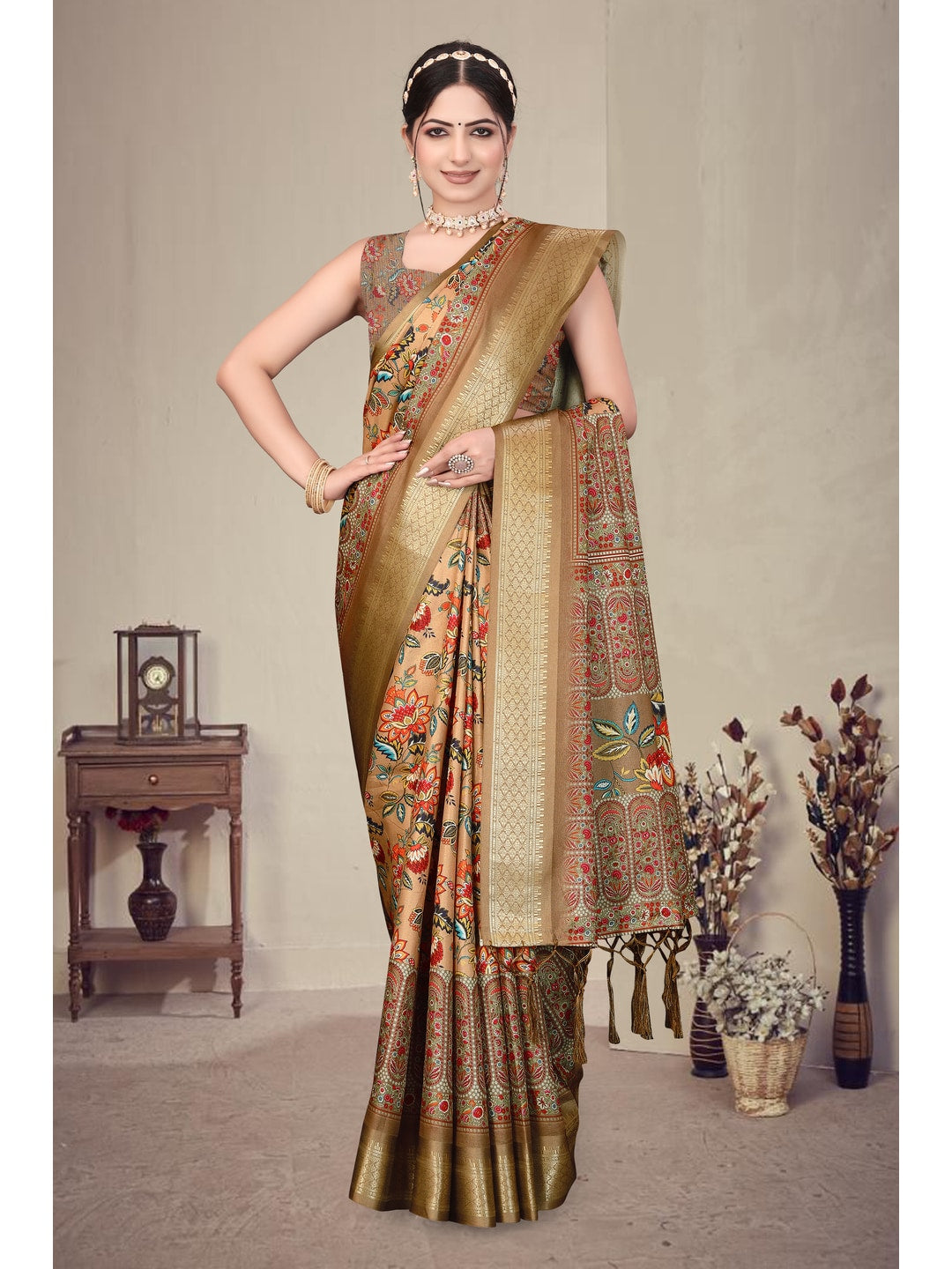Peachmode Brown Cotton Silk Digital Print Saree with Jacquard Border - Image 7