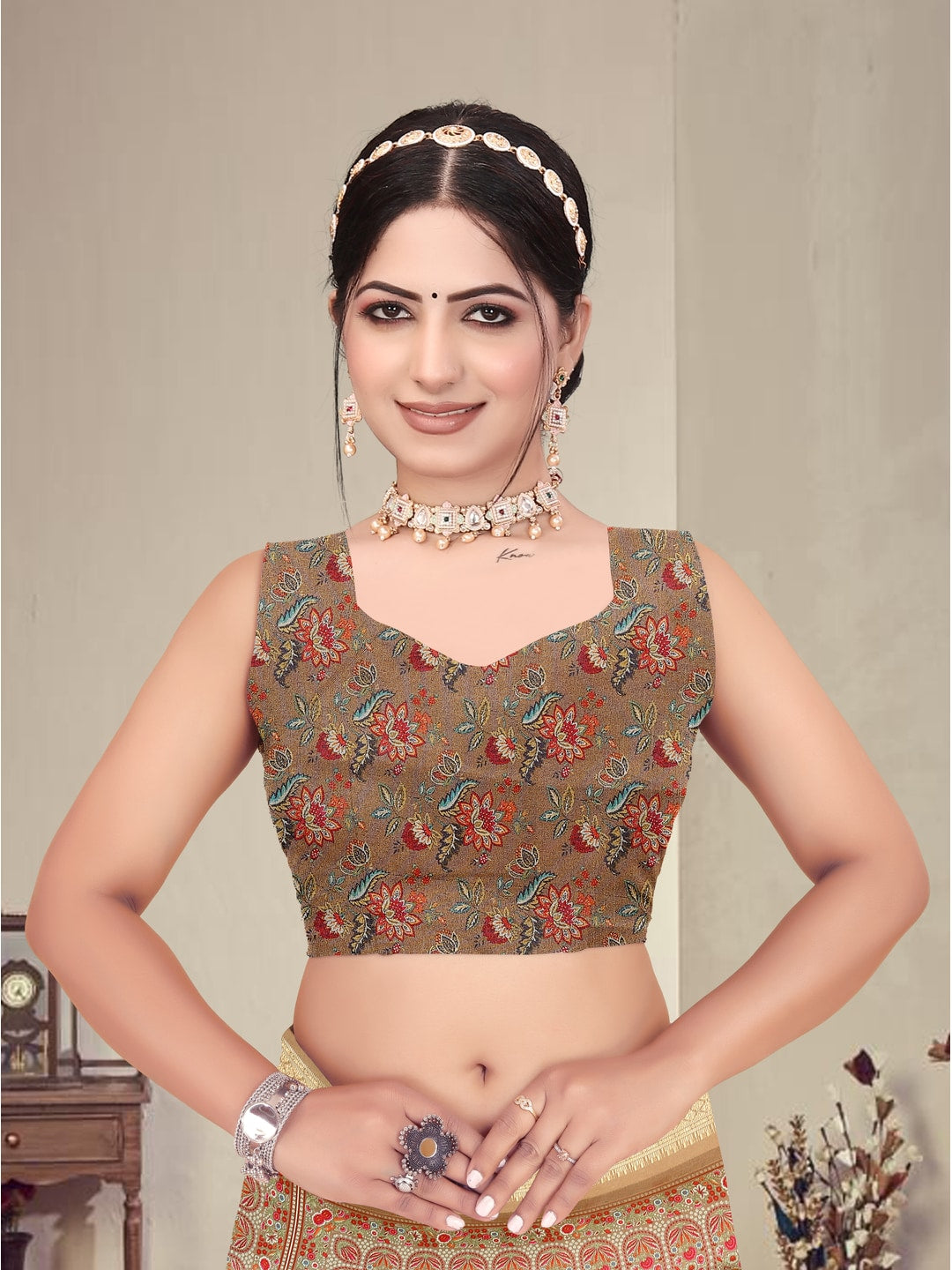 Peachmode Brown Cotton Silk Digital Print Saree with Jacquard Border - Image 8