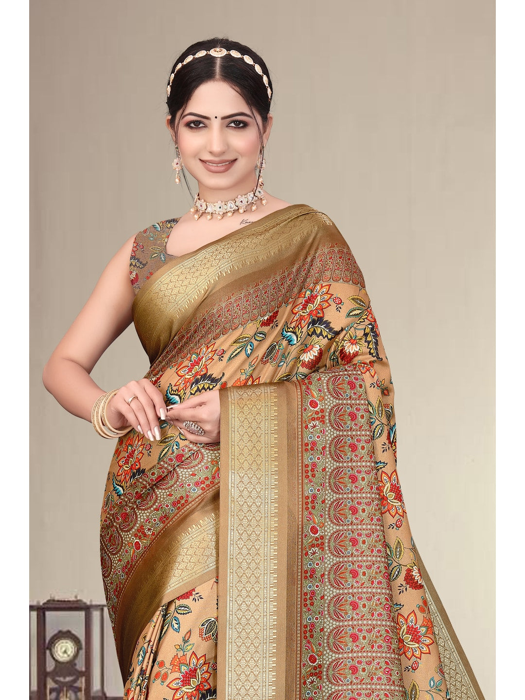 Peachmode Brown Cotton Silk Digital Print Saree with Jacquard Border - Image 9