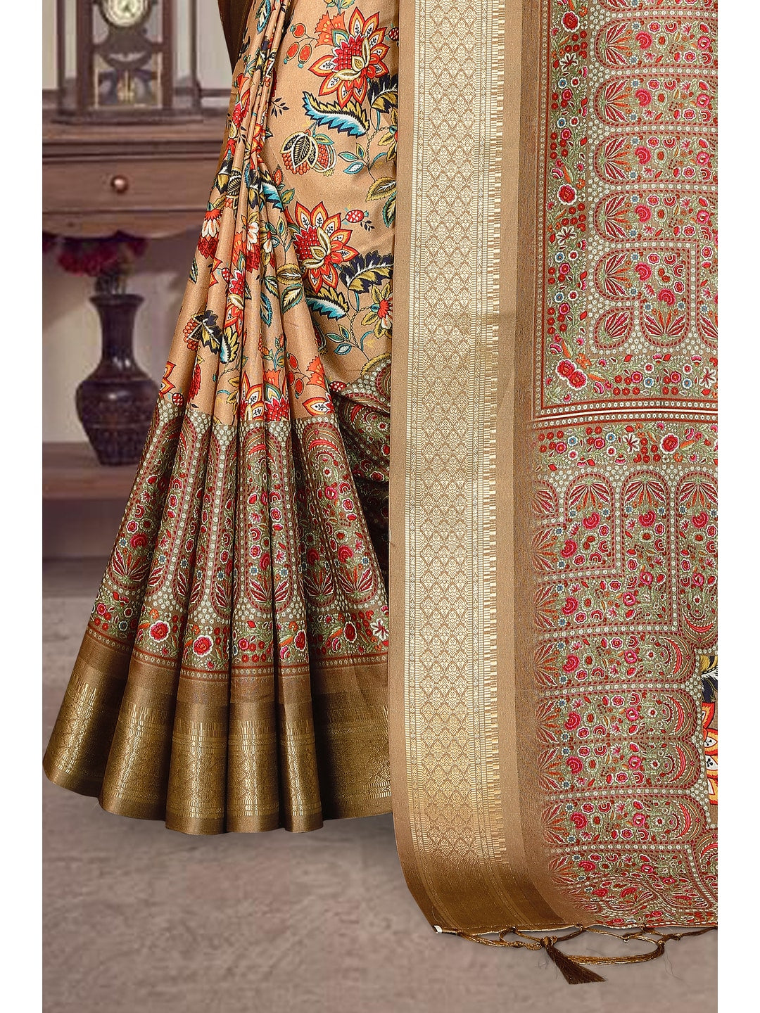 Peachmode Brown Cotton Silk Digital Print Saree with Jacquard Border - Image 10