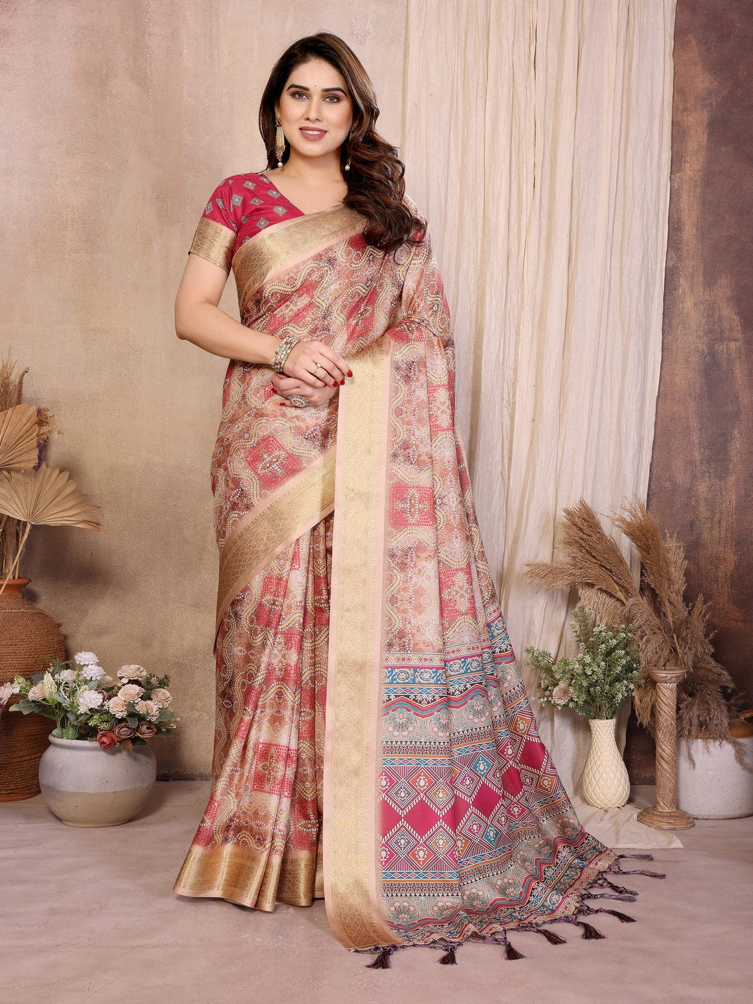 Peachmode Chikoo Cotton Silk Bandhej Print Saree with Zari Border - Image 1