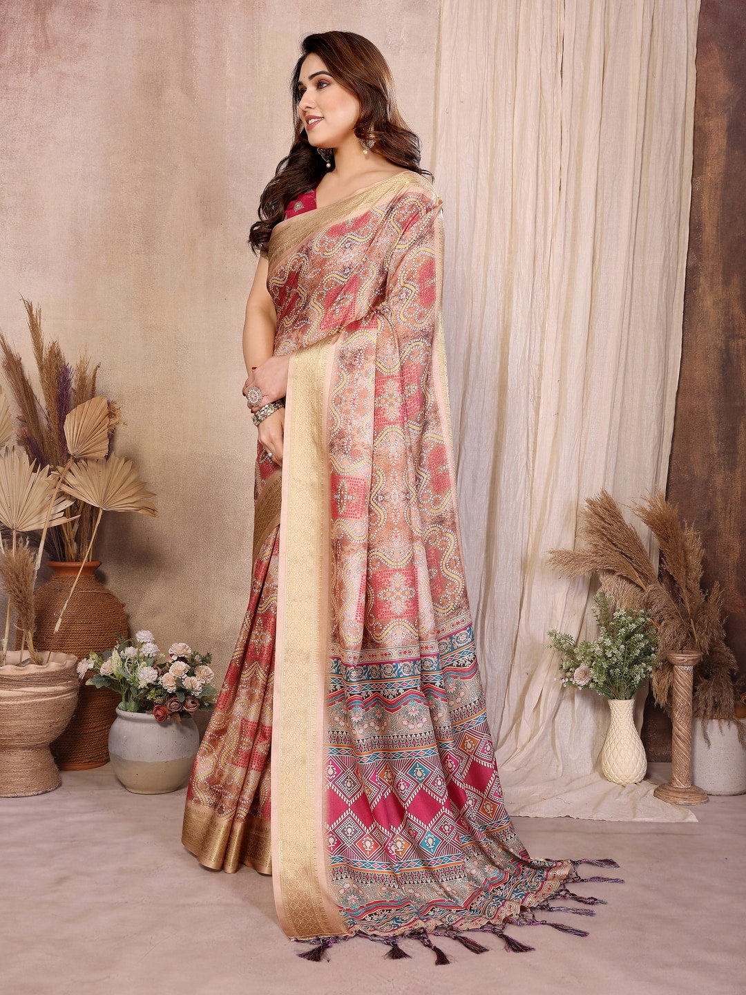 Peachmode Chikoo Cotton Silk Bandhej Print Saree with Zari Border - Image 2