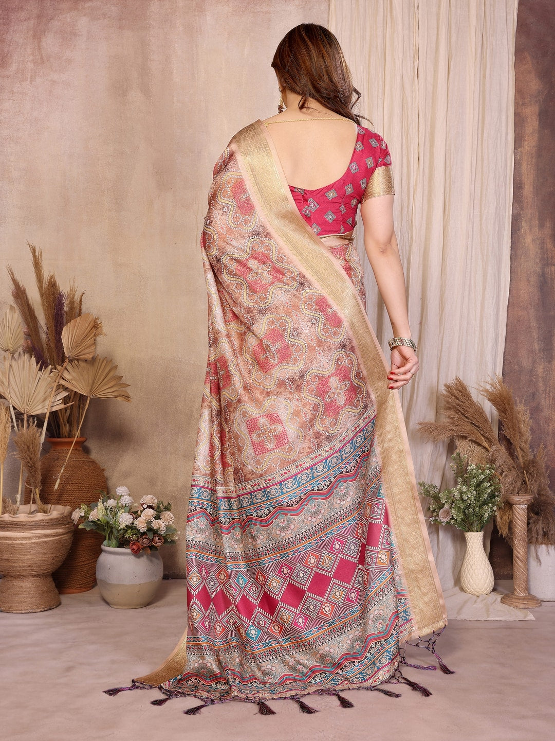 Peachmode Chikoo Cotton Silk Bandhej Print Saree with Zari Border - Image 3