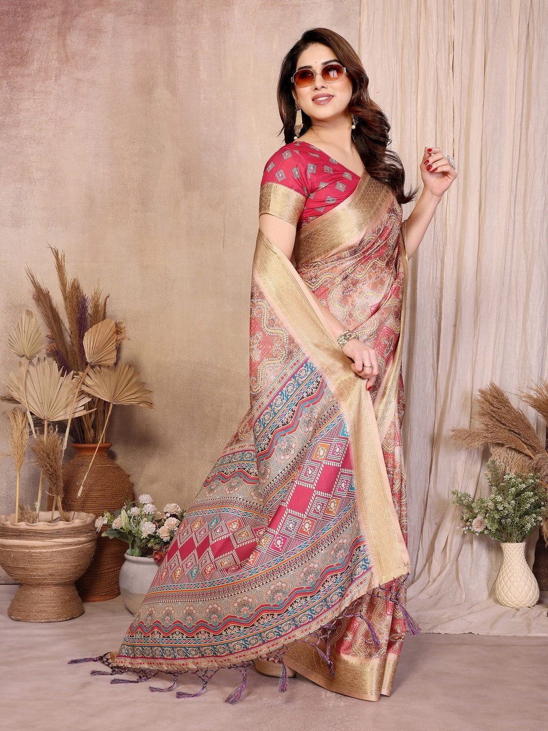 Peachmode Chikoo Cotton Silk Bandhej Print Saree with Zari Border - Image 4