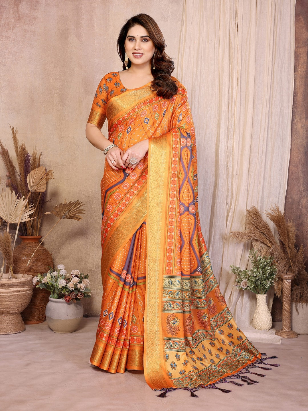 Peachmode Mustard Cotton Silk Bandhej Print Saree with Zari Border - Image 1