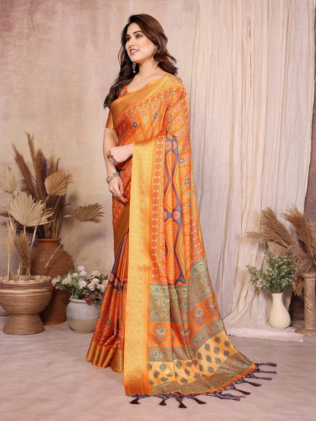 Peachmode Mustard Cotton Silk Bandhej Print Saree with Zari Border - Image 2