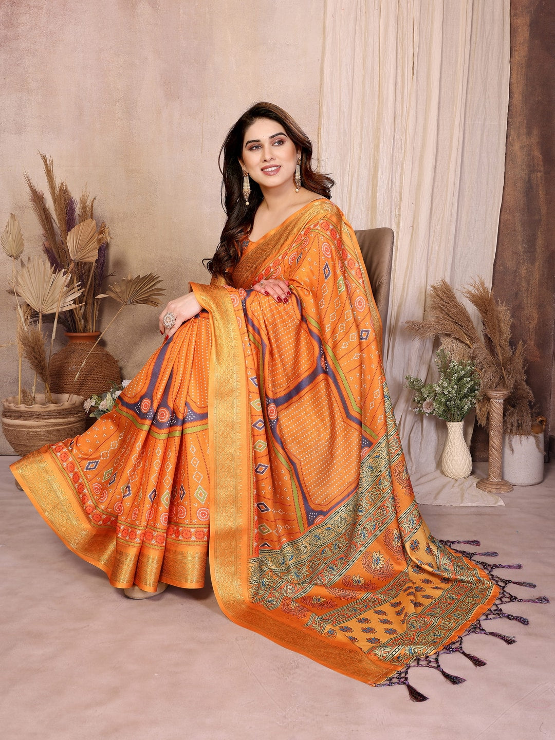 Peachmode Mustard Cotton Silk Bandhej Print Saree with Zari Border - Image 3