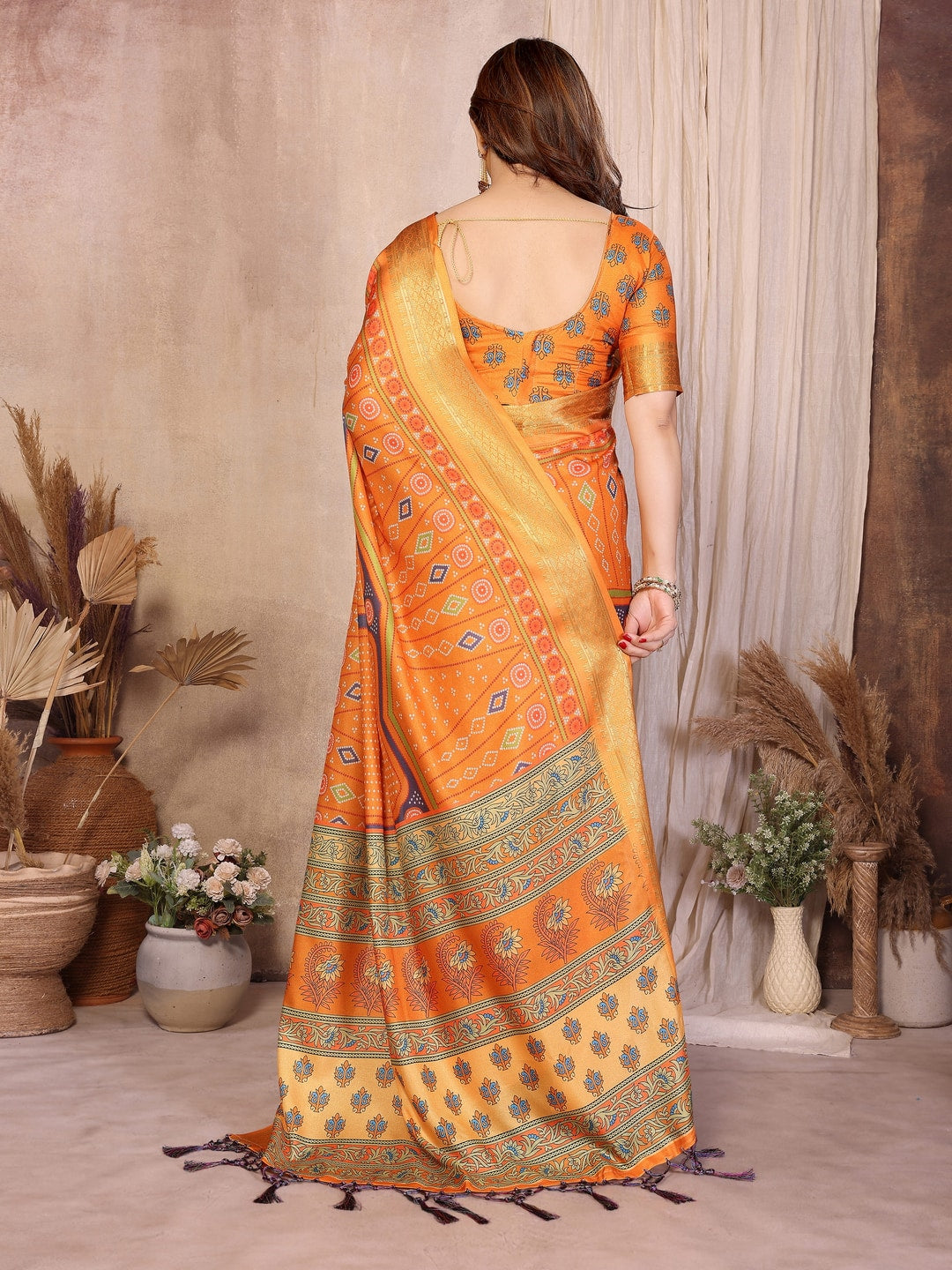 Peachmode Mustard Cotton Silk Bandhej Print Saree with Zari Border - Image 4