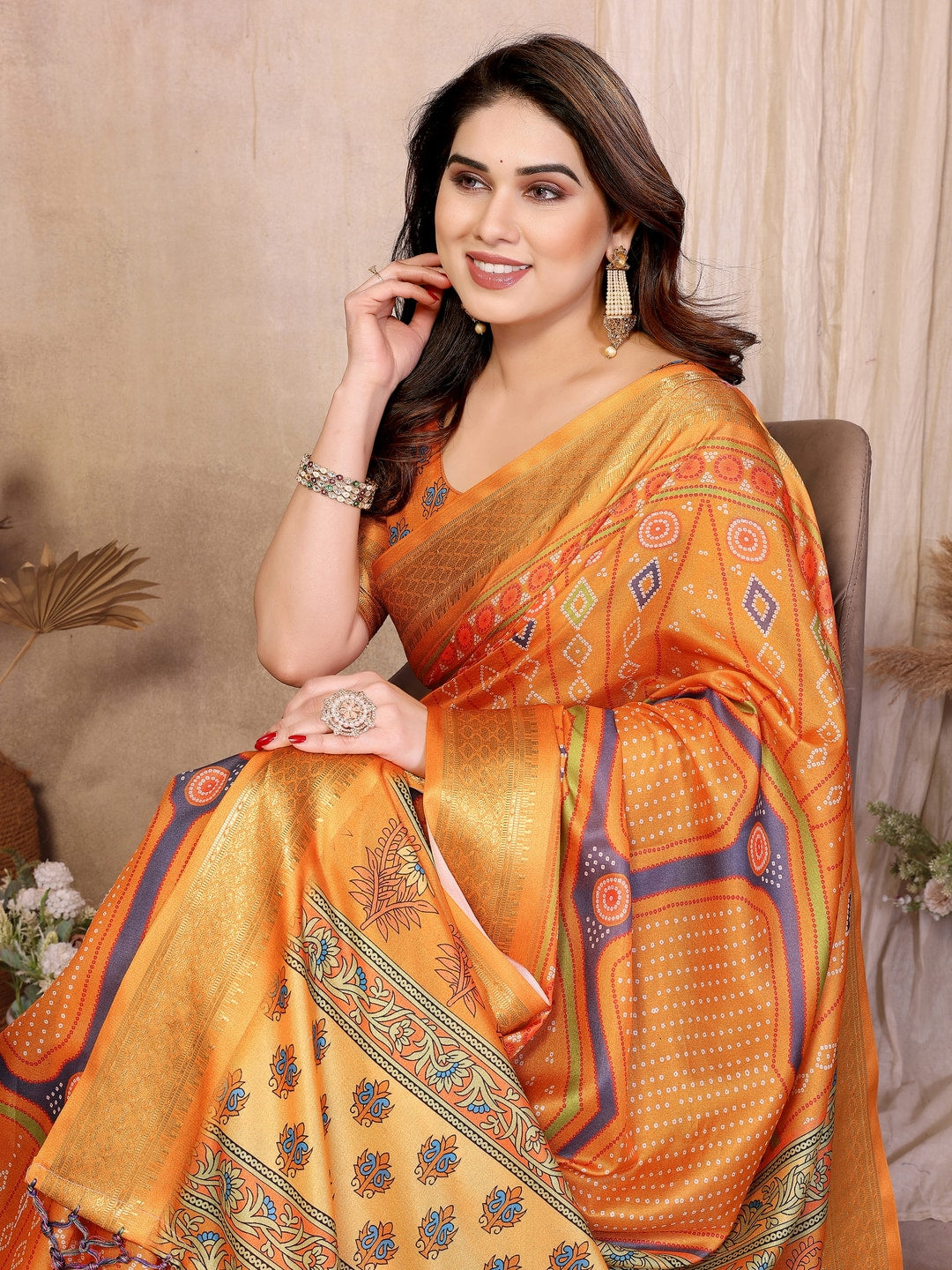Peachmode Mustard Cotton Silk Bandhej Print Saree with Zari Border - Image 5