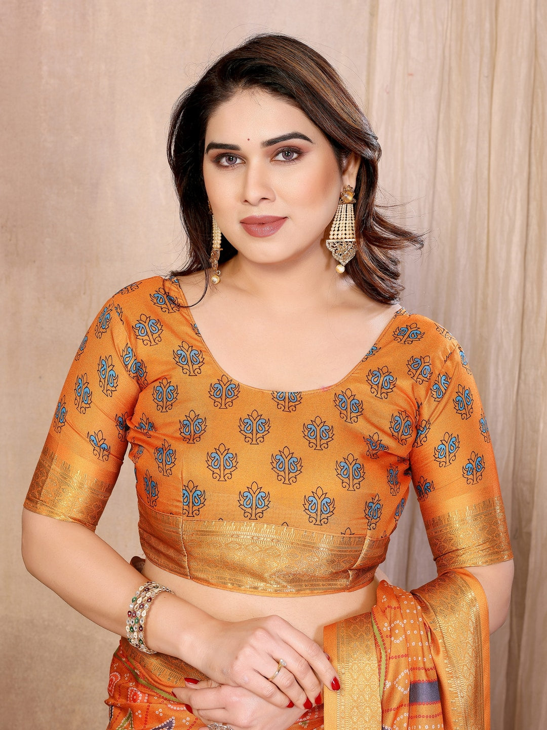 Peachmode Mustard Cotton Silk Bandhej Print Saree with Zari Border - Image 6