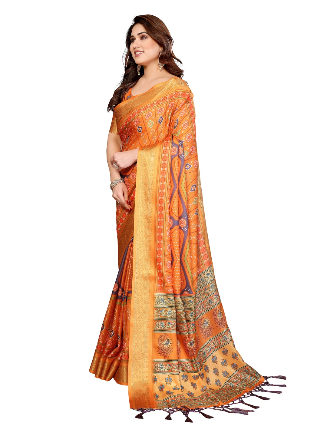 Peachmode Mustard Cotton Silk Bandhej Print Saree with Zari Border - Image 9