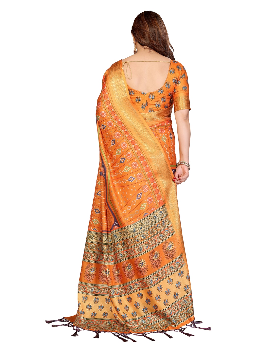 Peachmode Mustard Cotton Silk Bandhej Print Saree with Zari Border - Image 10