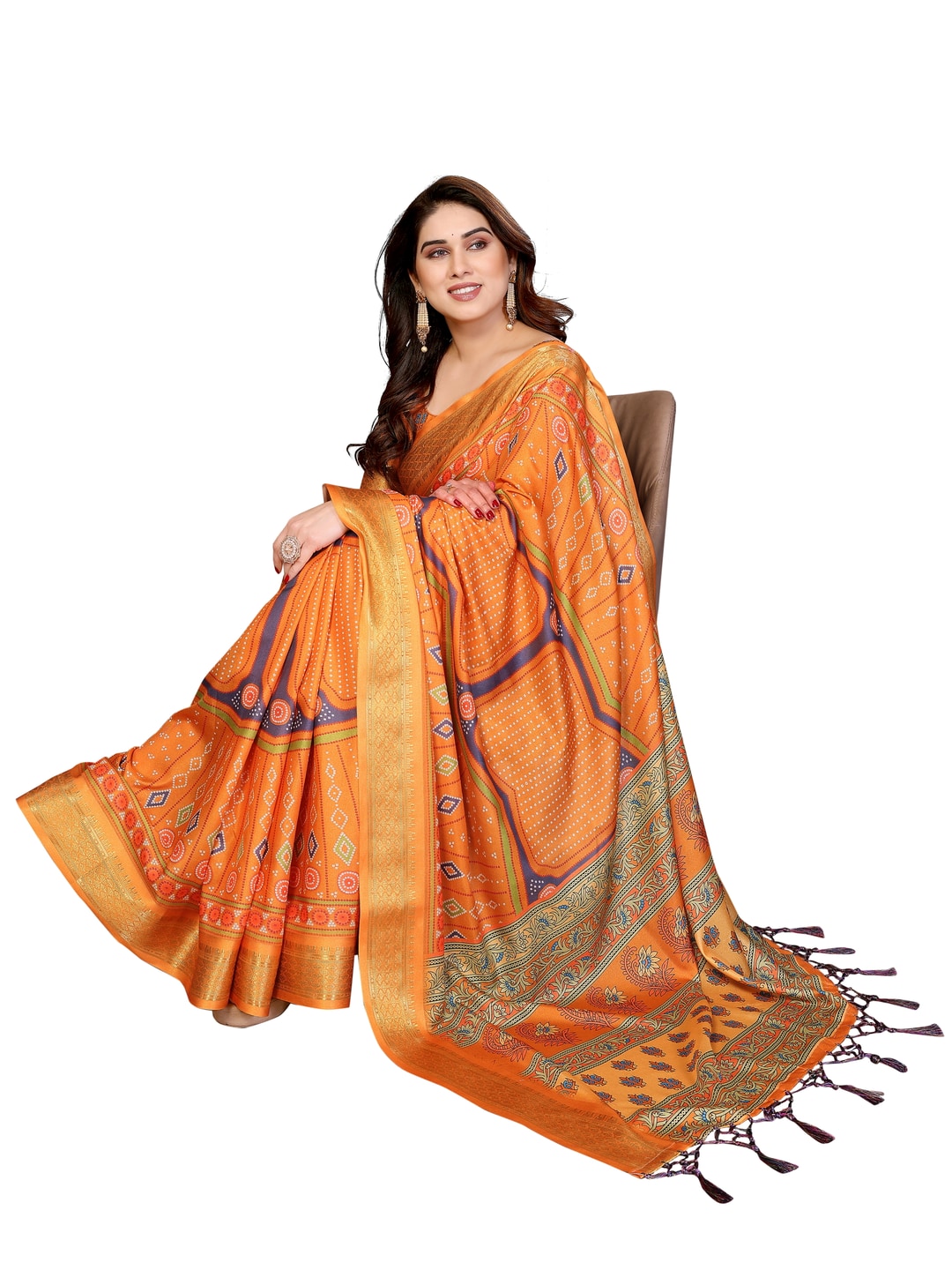 Peachmode Mustard Cotton Silk Bandhej Print Saree with Zari Border - Image 11