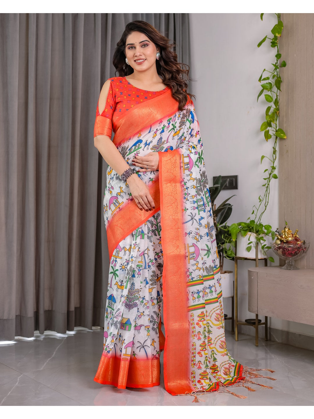 Peachmode Peach Handloom Linen Cotton Floral Print Saree - Image 2