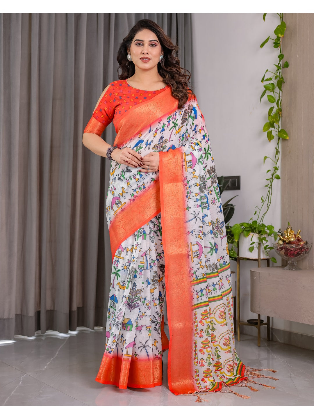 Peachmode Peach Handloom Linen Cotton Floral Print Saree - Image 3