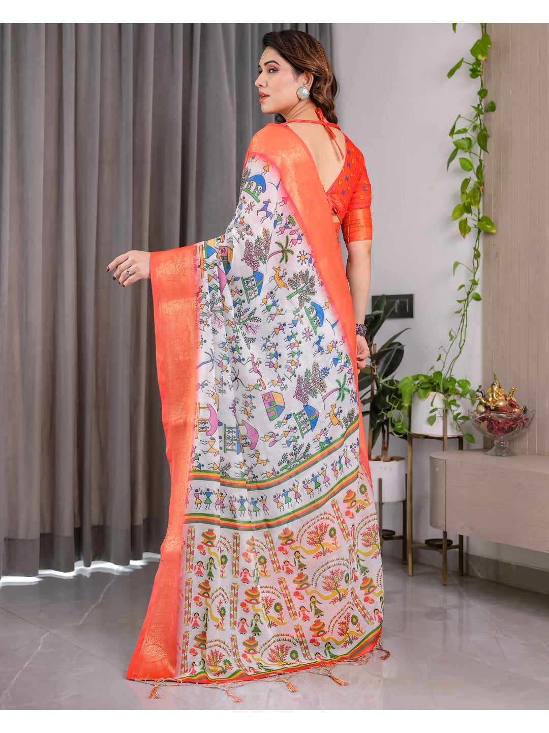 Peachmode Peach Handloom Linen Cotton Floral Print Saree - Image 6