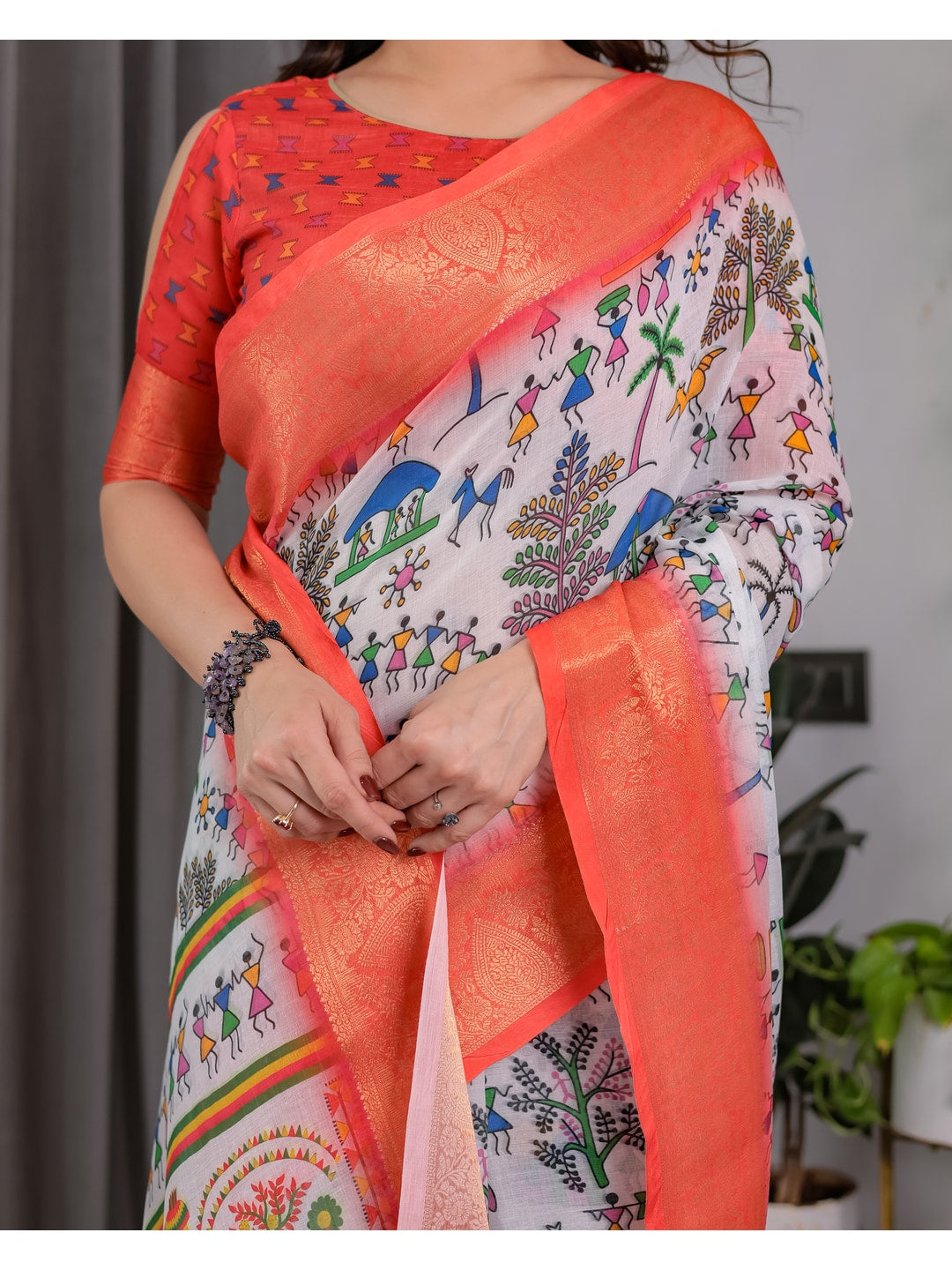 Peachmode Peach Handloom Linen Cotton Floral Print Saree - Image 9