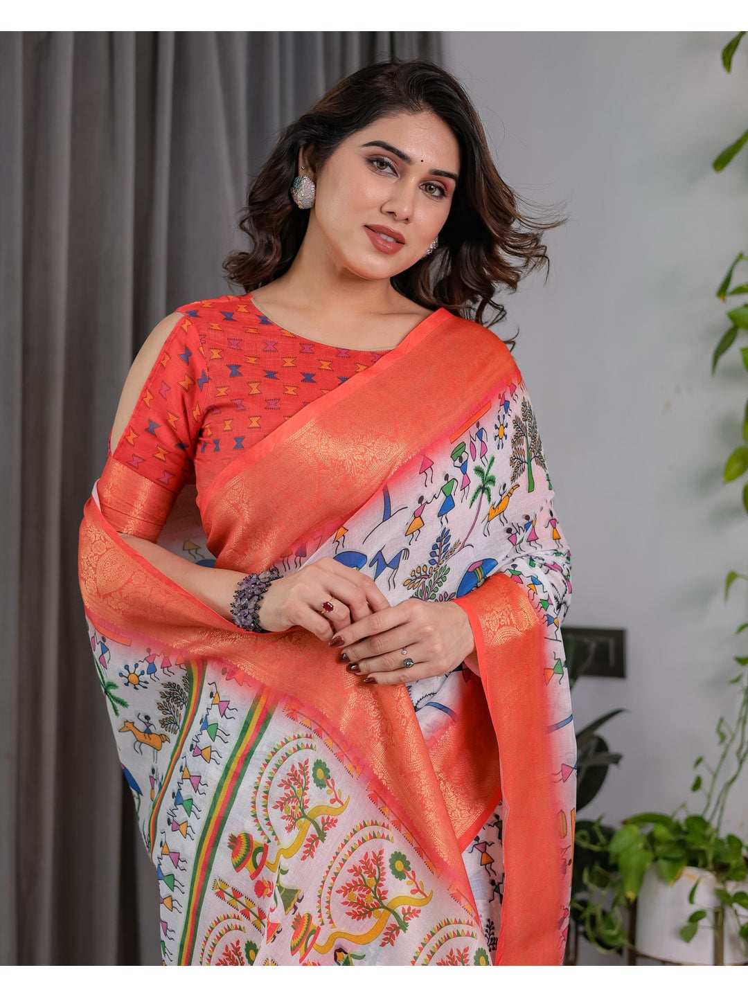 Peachmode Peach Handloom Linen Cotton Floral Print Saree - Image 10