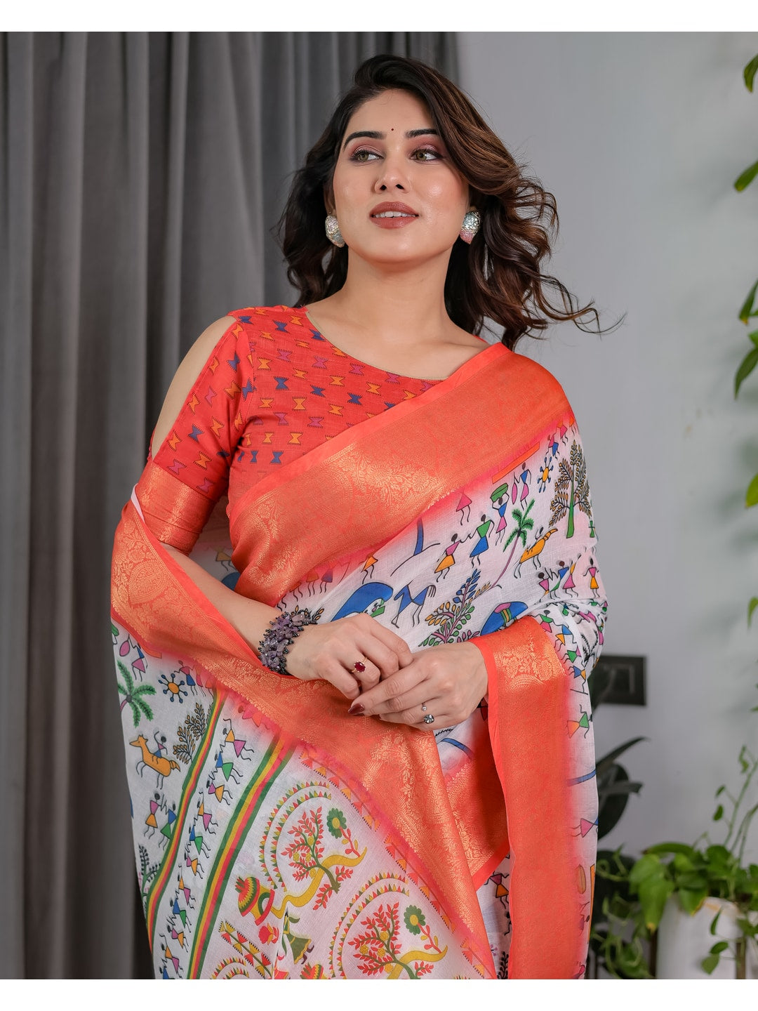 Peachmode Peach Handloom Linen Cotton Floral Print Saree - Image 11