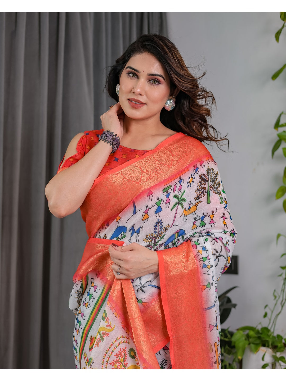 Peachmode Peach Handloom Linen Cotton Floral Print Saree - Image 12