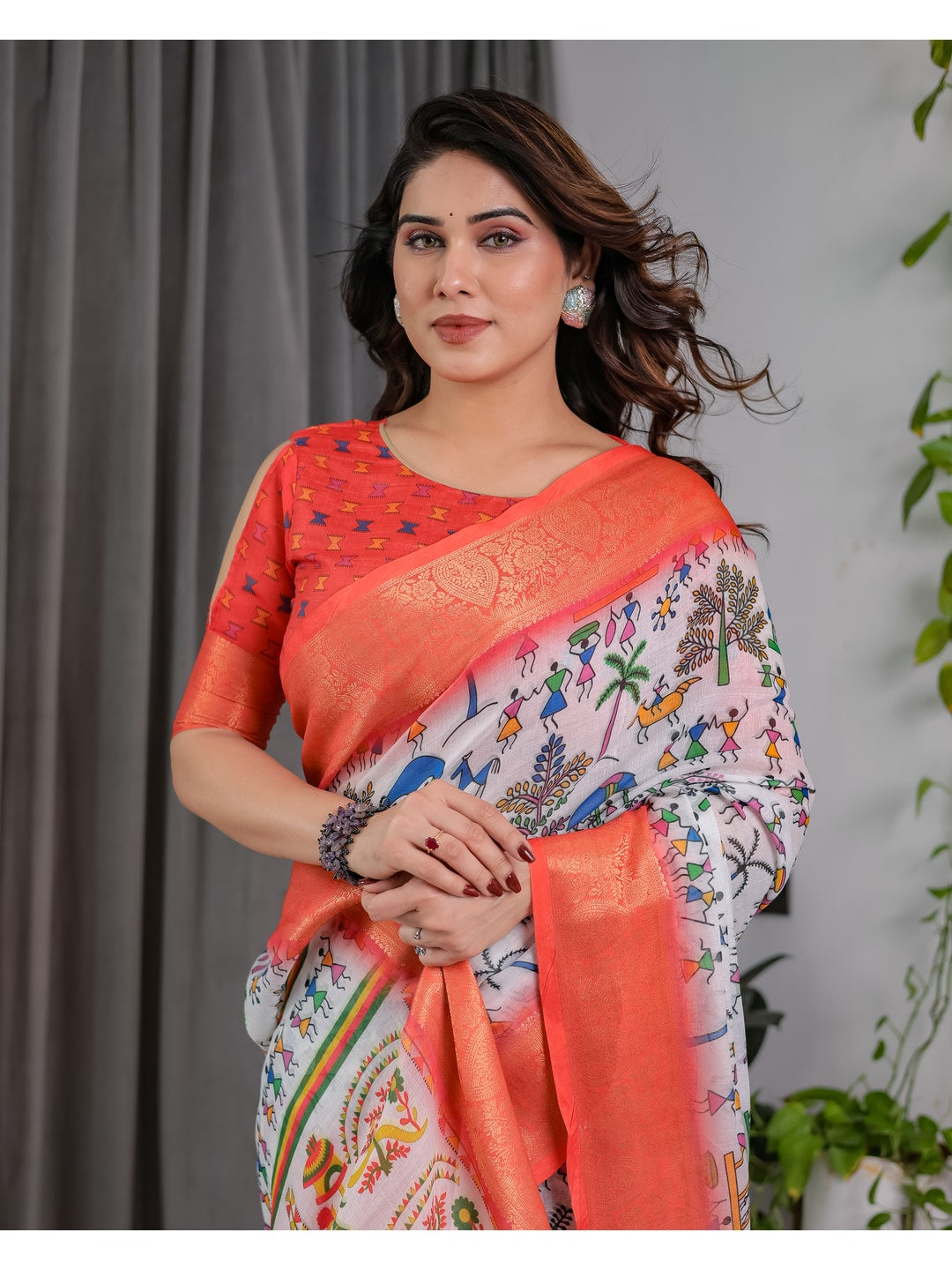 Peachmode Peach Handloom Linen Cotton Floral Print Saree - Image 13