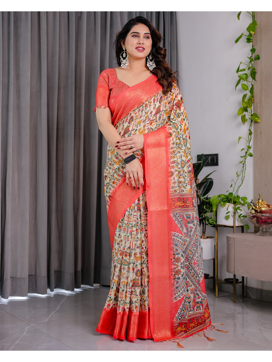 Peachmode Cream Handloom Linen Cotton Floral Print Saree - Image 1