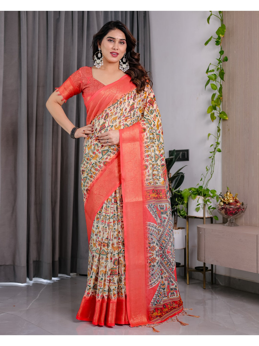 Peachmode Cream Handloom Linen Cotton Floral Print Saree - Image 2