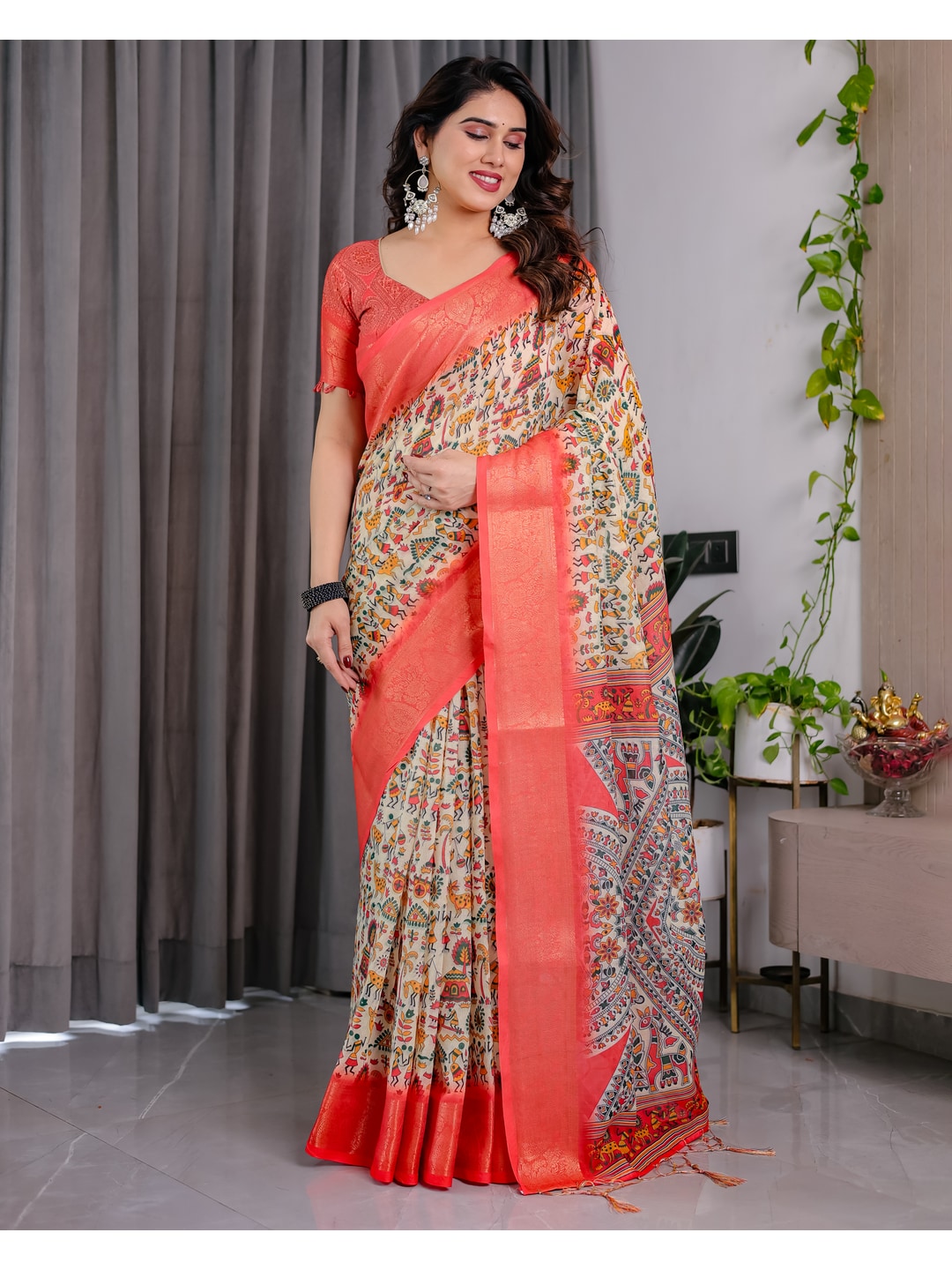 Peachmode Cream Handloom Linen Cotton Floral Print Saree - Image 4
