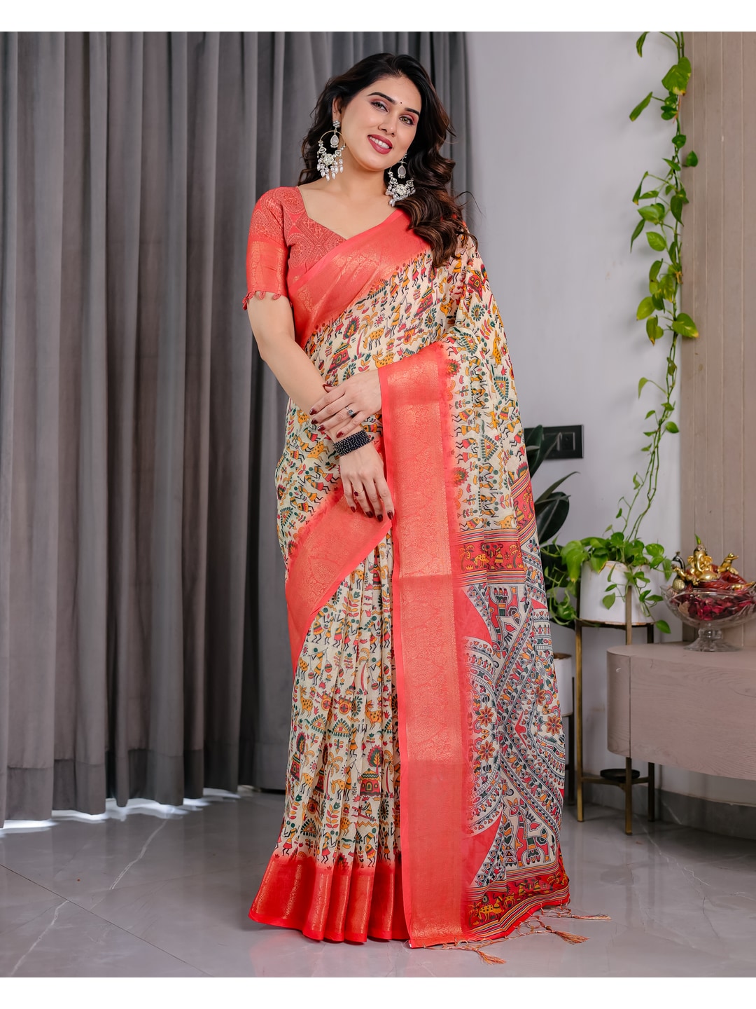 Peachmode Cream Handloom Linen Cotton Floral Print Saree - Image 5