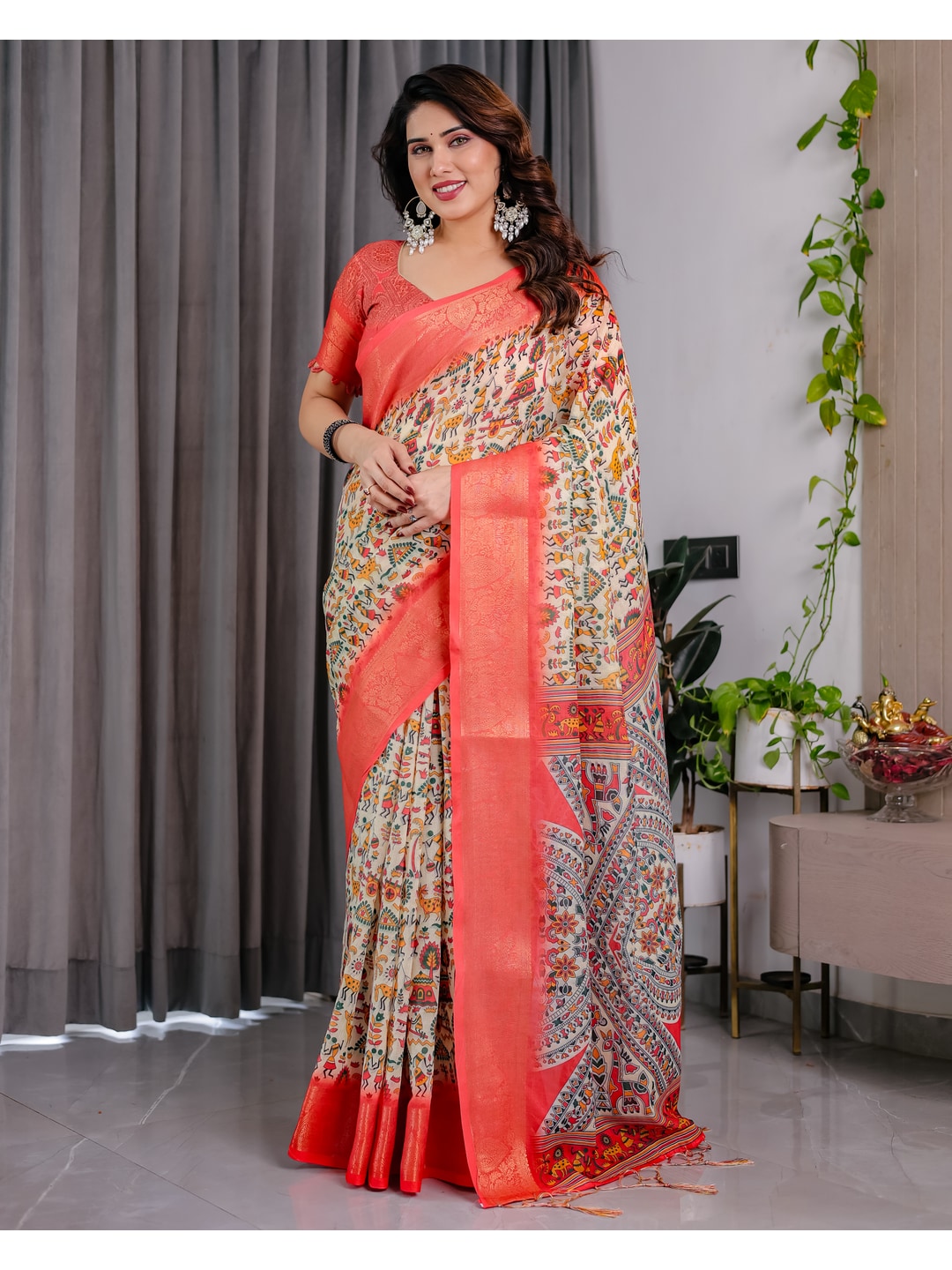 Peachmode Cream Handloom Linen Cotton Floral Print Saree - Image 7