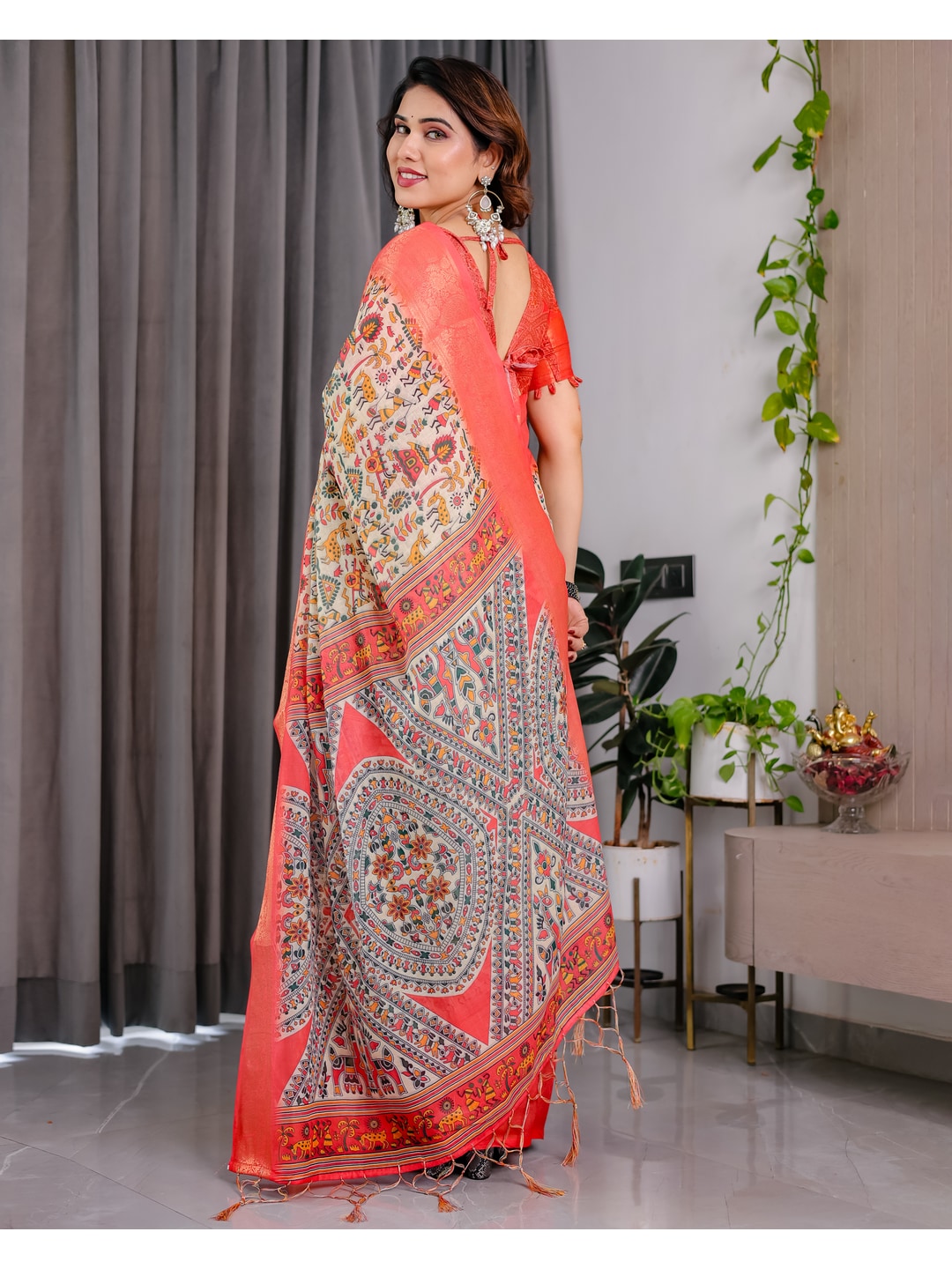 Peachmode Cream Handloom Linen Cotton Floral Print Saree - Image 9