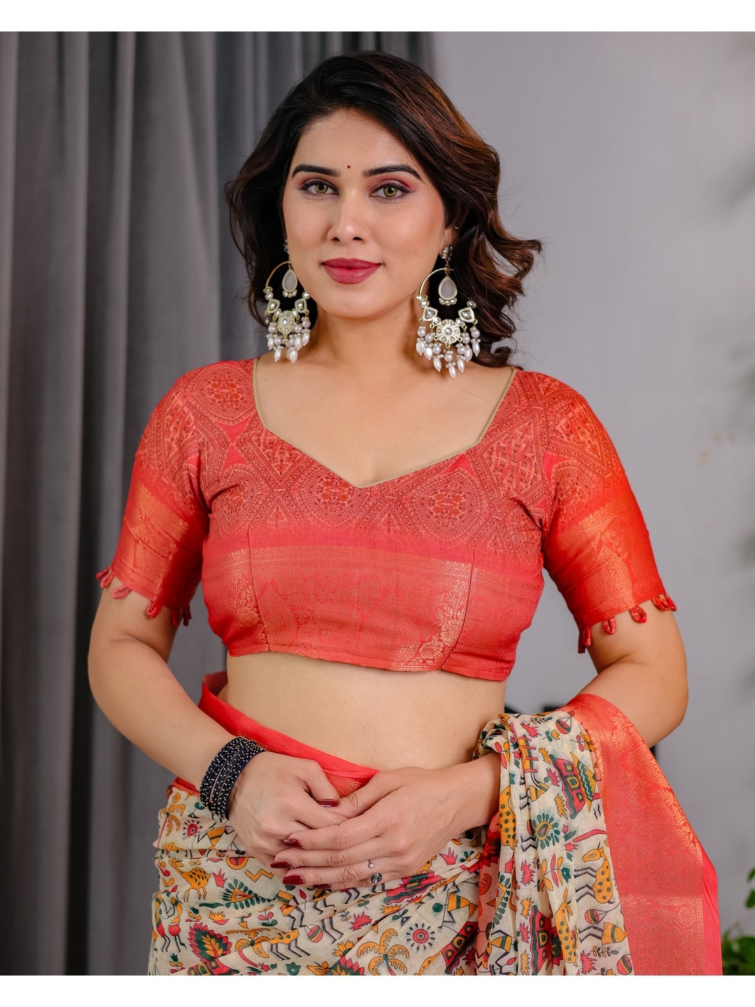 Peachmode Cream Handloom Linen Cotton Floral Print Saree - Image 10