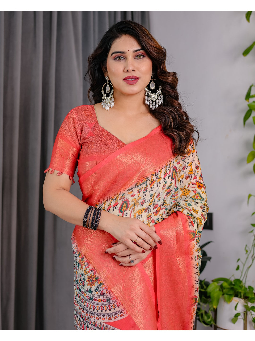 Peachmode Cream Handloom Linen Cotton Floral Print Saree - Image 12