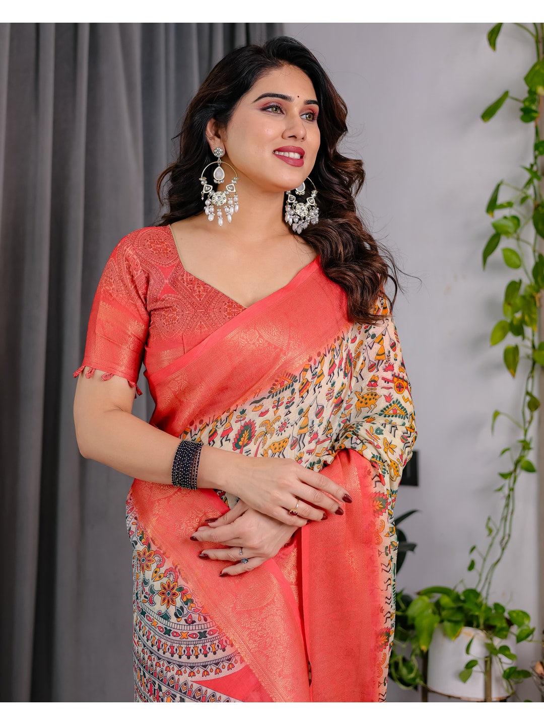 Peachmode Cream Handloom Linen Cotton Floral Print Saree - Image 14