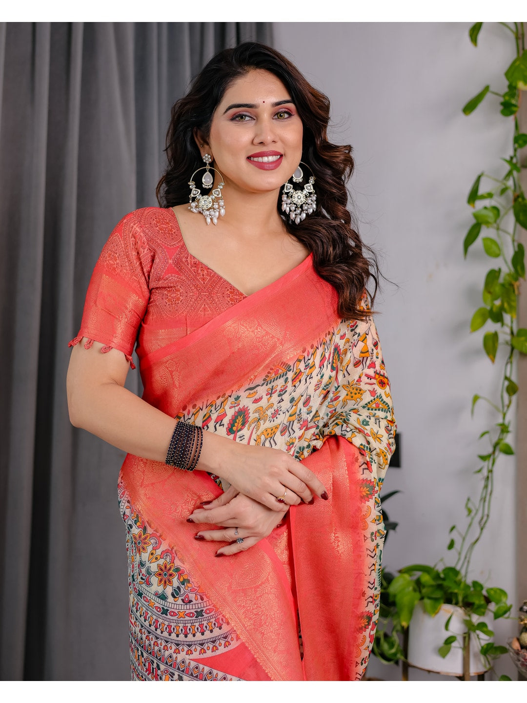 Peachmode Cream Handloom Linen Cotton Floral Print Saree - Image 15