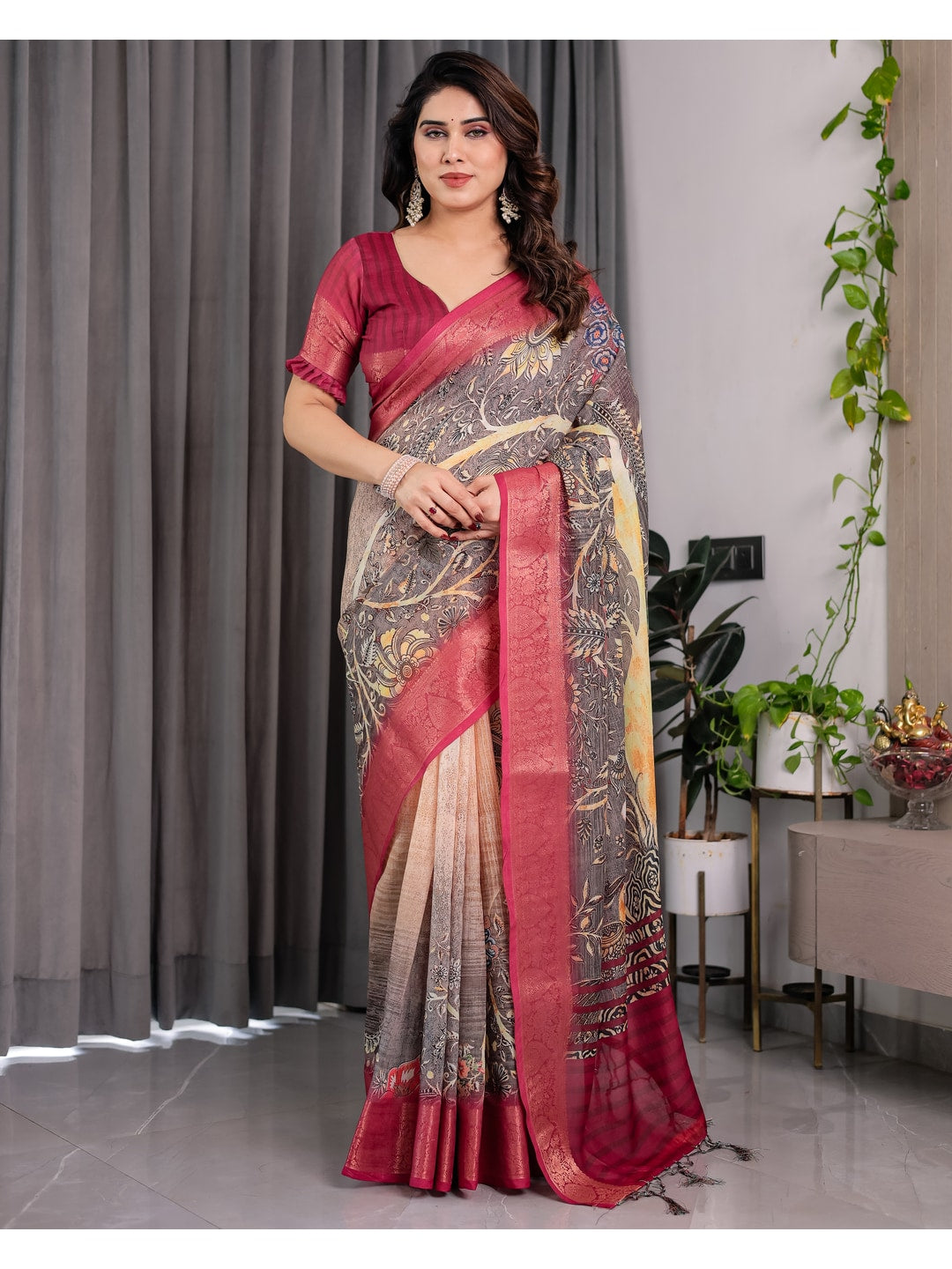 Peachmode Wine Handloom Linen Cotton Floral Print Saree - Image 1