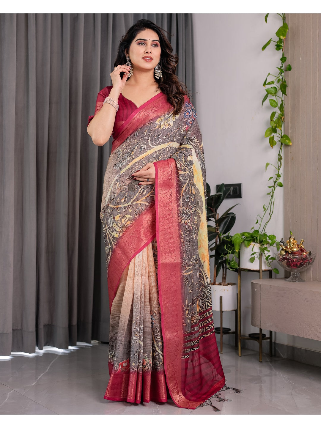 Peachmode Wine Handloom Linen Cotton Floral Print Saree - Image 2