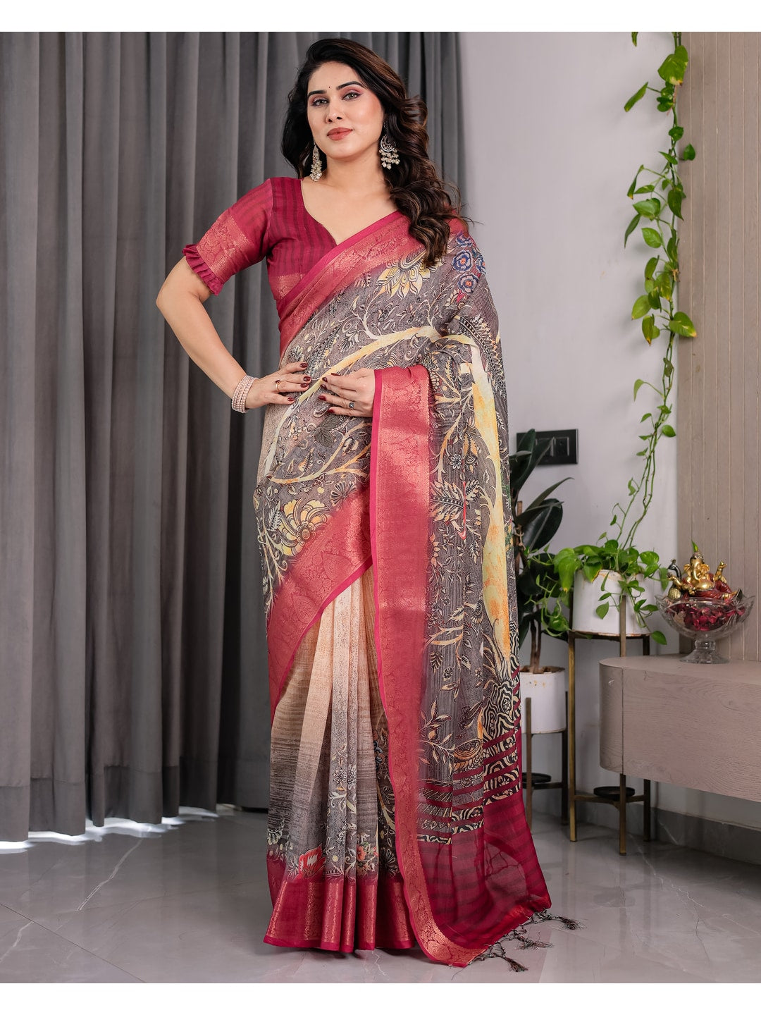 Peachmode Wine Handloom Linen Cotton Floral Print Saree - Image 3
