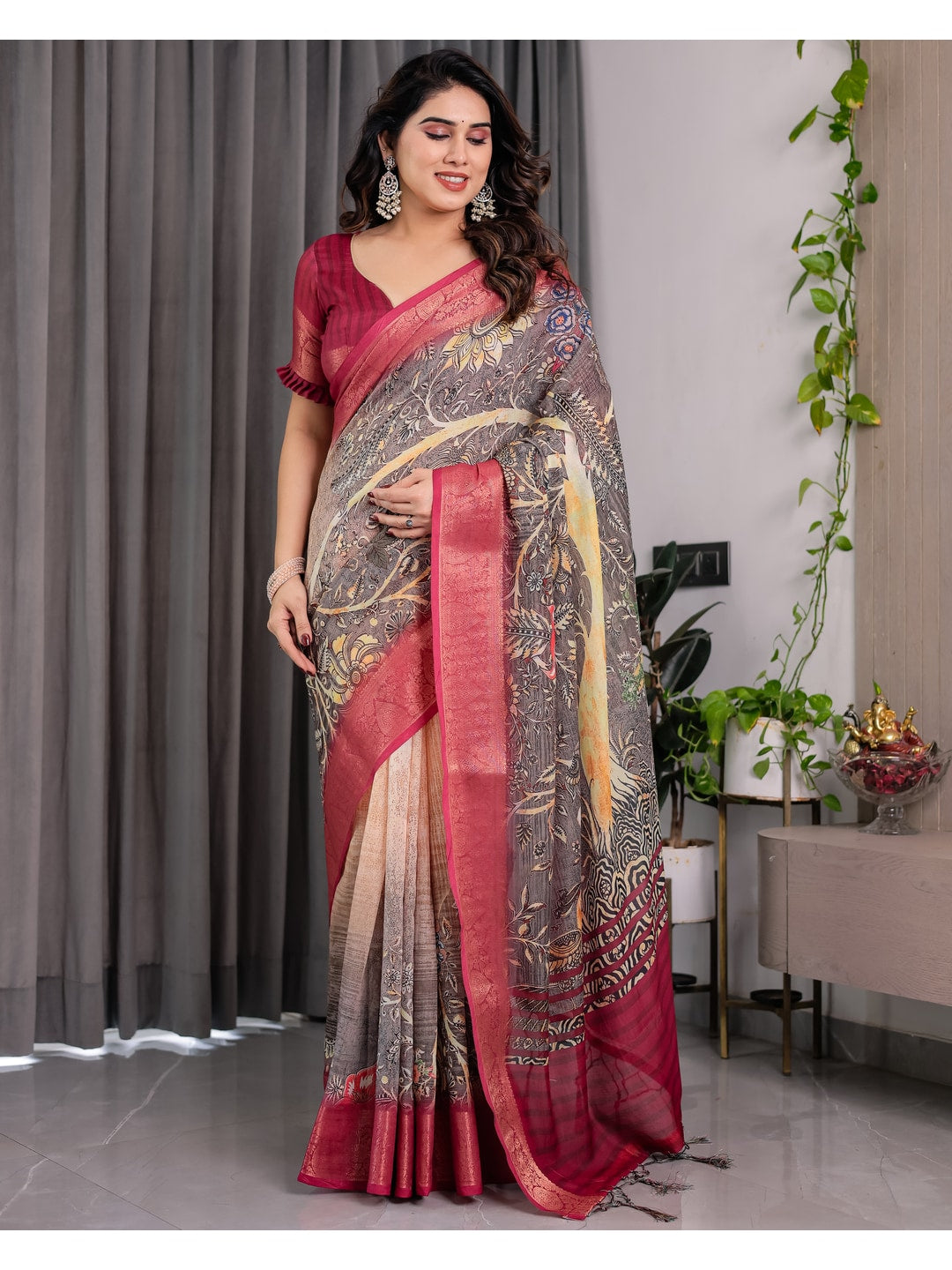 Peachmode Wine Handloom Linen Cotton Floral Print Saree - Image 4
