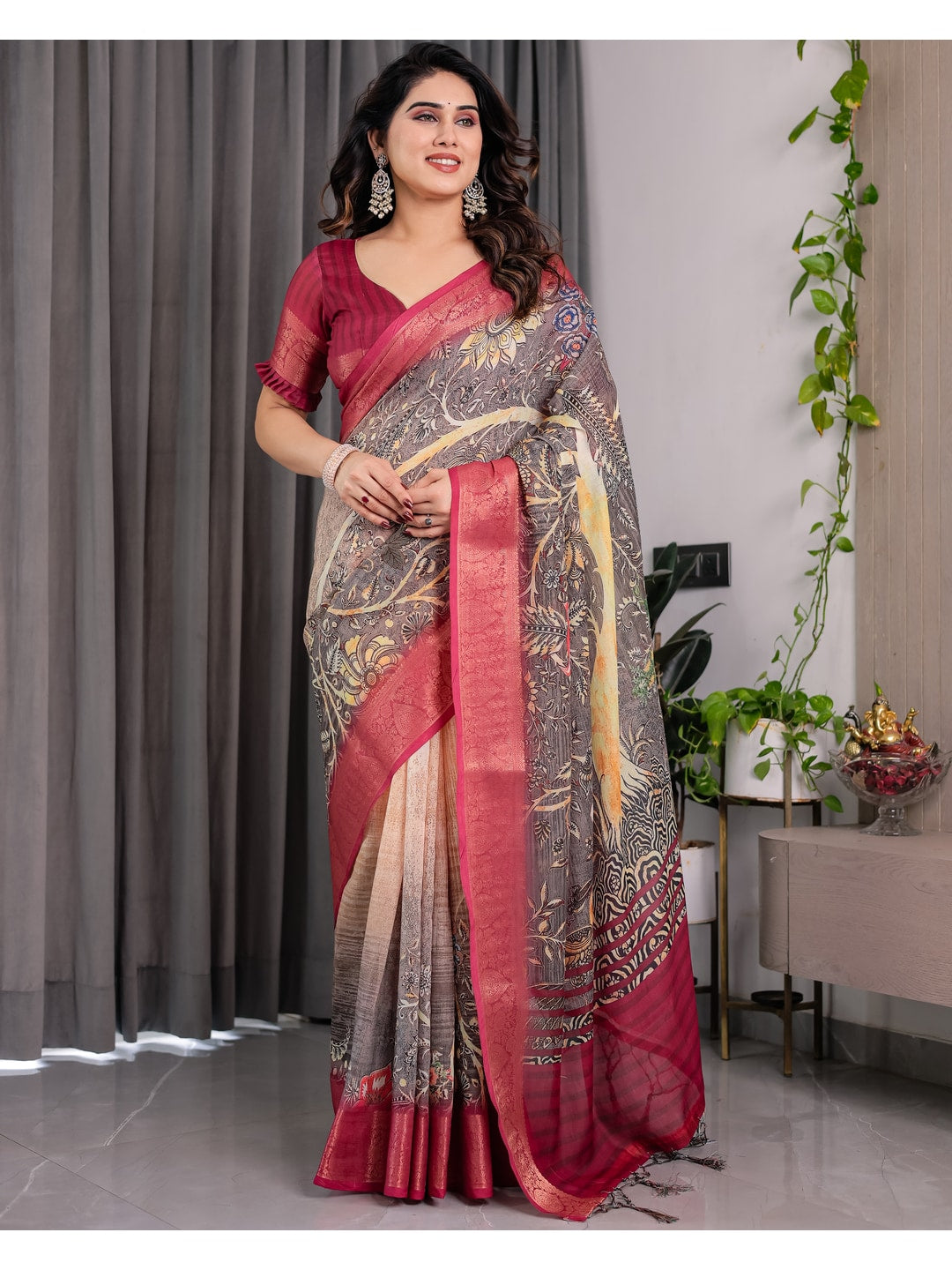 Peachmode Wine Handloom Linen Cotton Floral Print Saree - Image 5