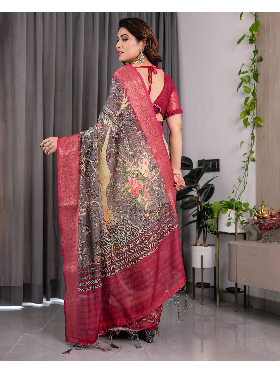 Peachmode Wine Handloom Linen Cotton Floral Print Saree - Image 6