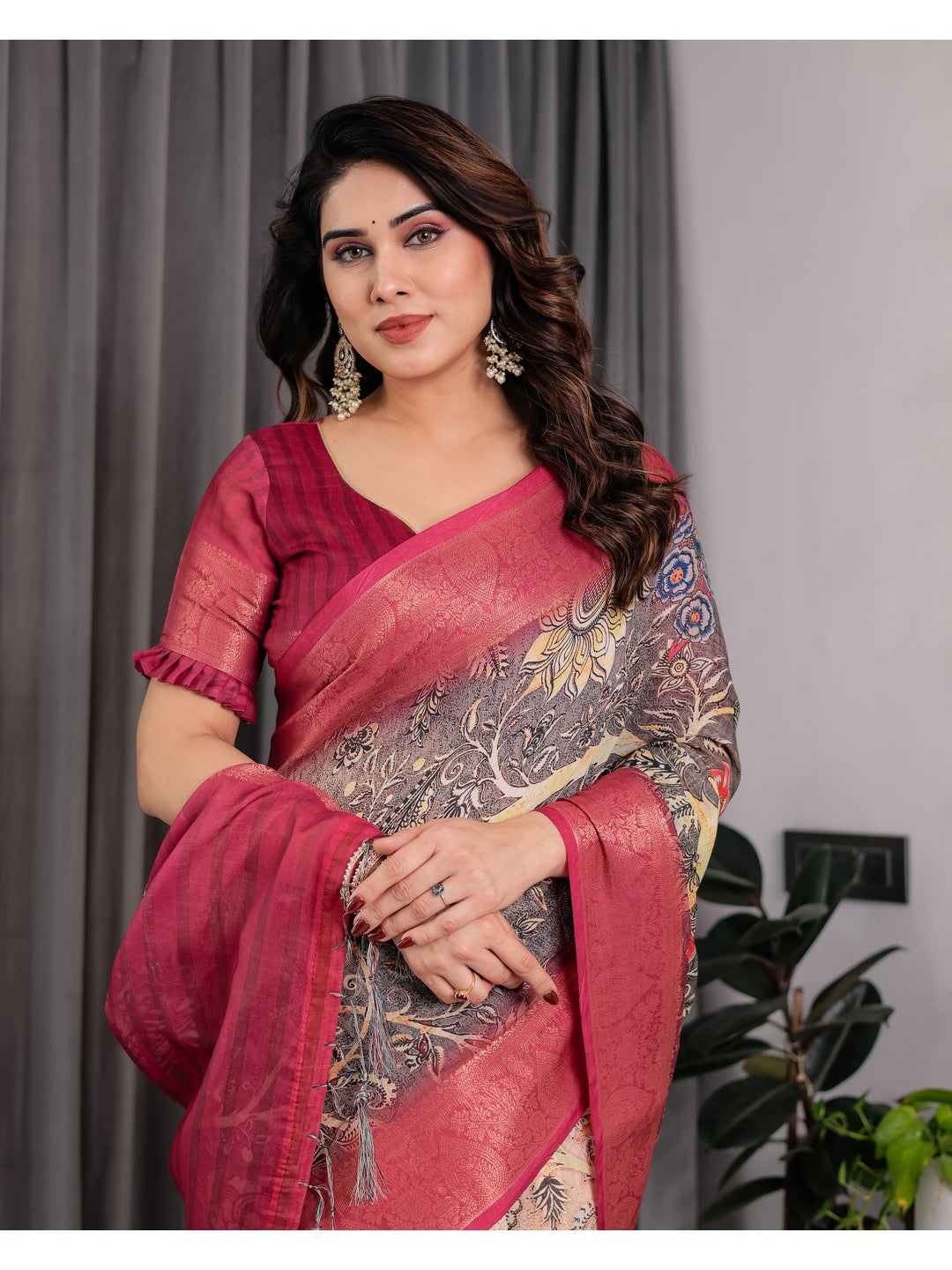 Peachmode Wine Handloom Linen Cotton Floral Print Saree - Image 8