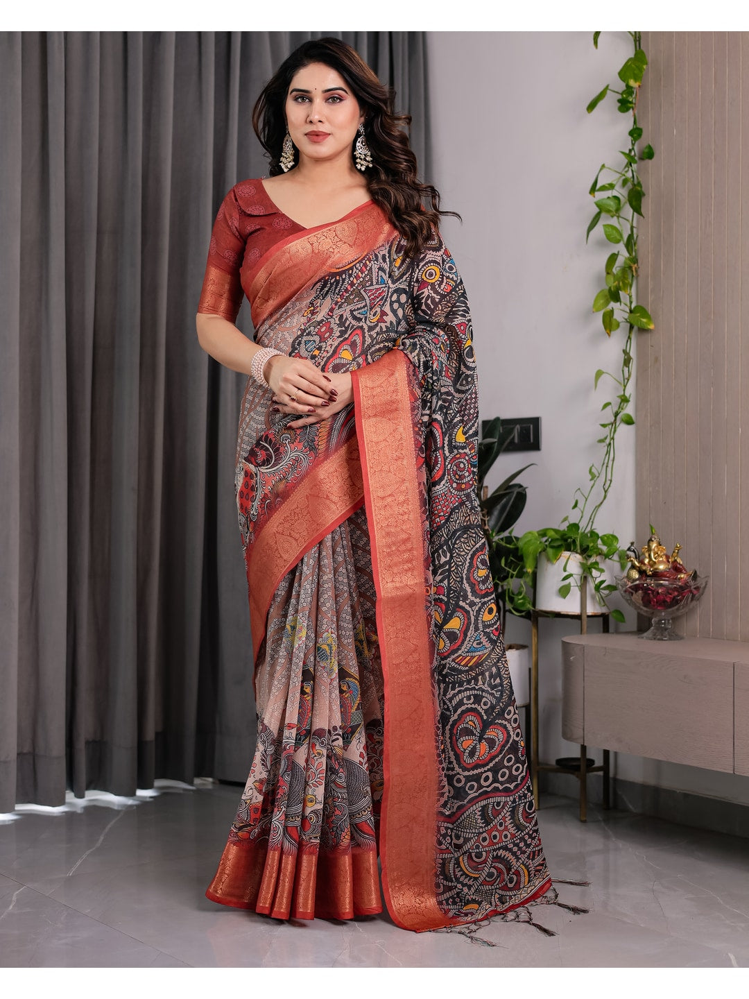 Peachmode Black Handloom Linen Cotton Floral Print Saree - Image 1