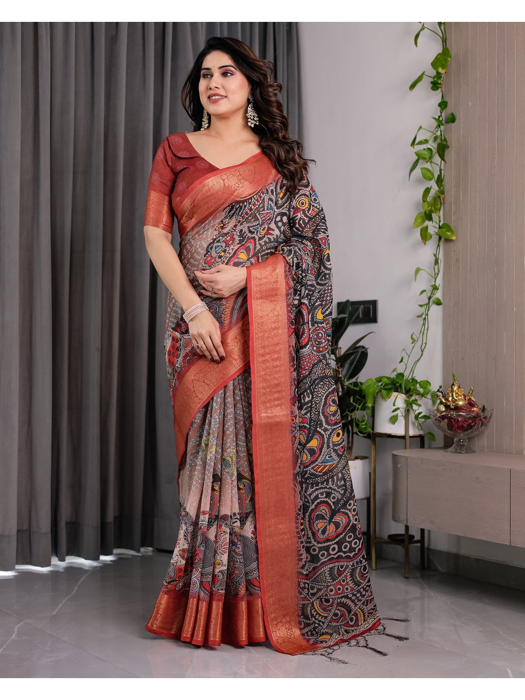 Peachmode Black Handloom Linen Cotton Floral Print Saree - Image 2