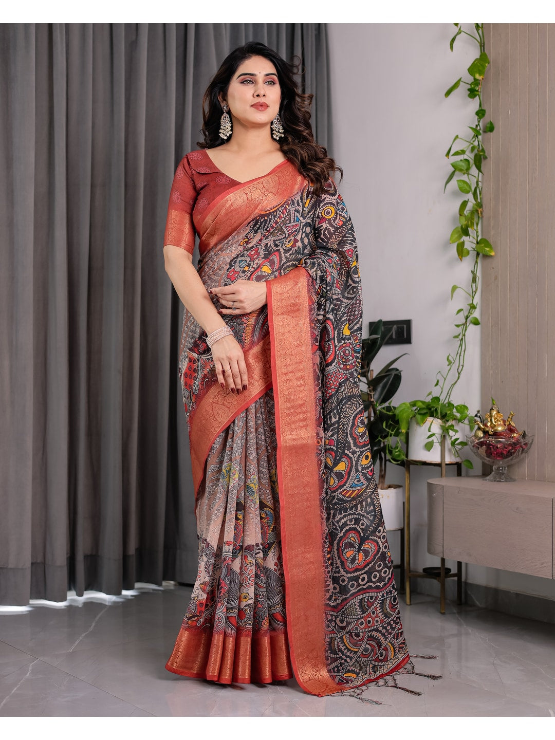 Peachmode Black Handloom Linen Cotton Floral Print Saree - Image 3