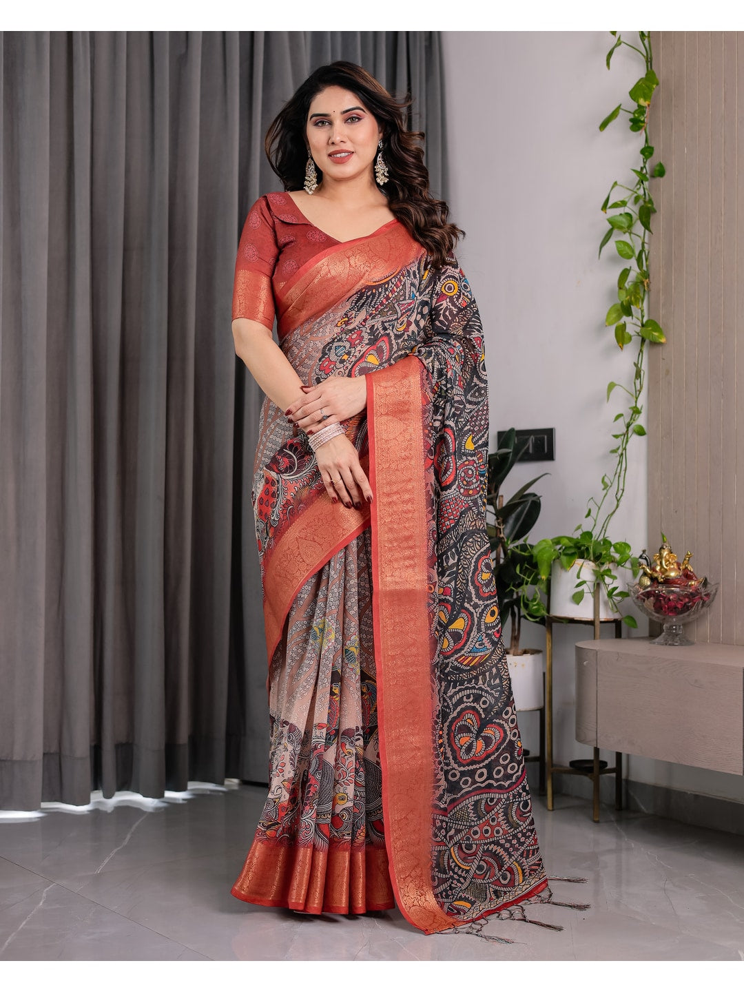 Peachmode Black Handloom Linen Cotton Floral Print Saree - Image 4