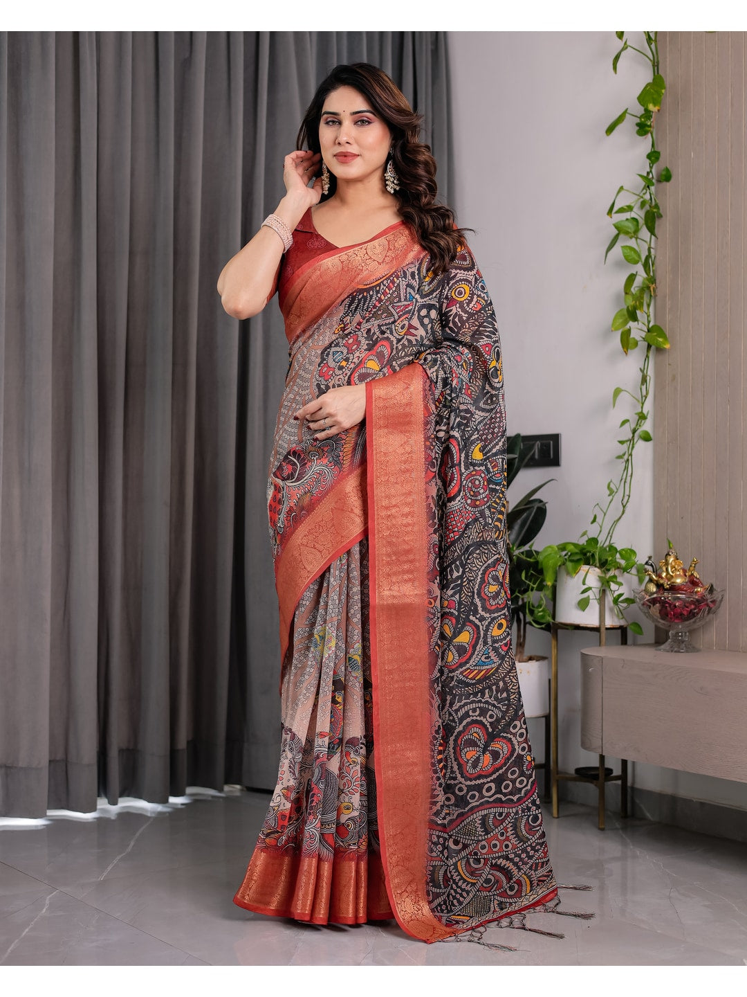 Peachmode Black Handloom Linen Cotton Floral Print Saree - Image 5