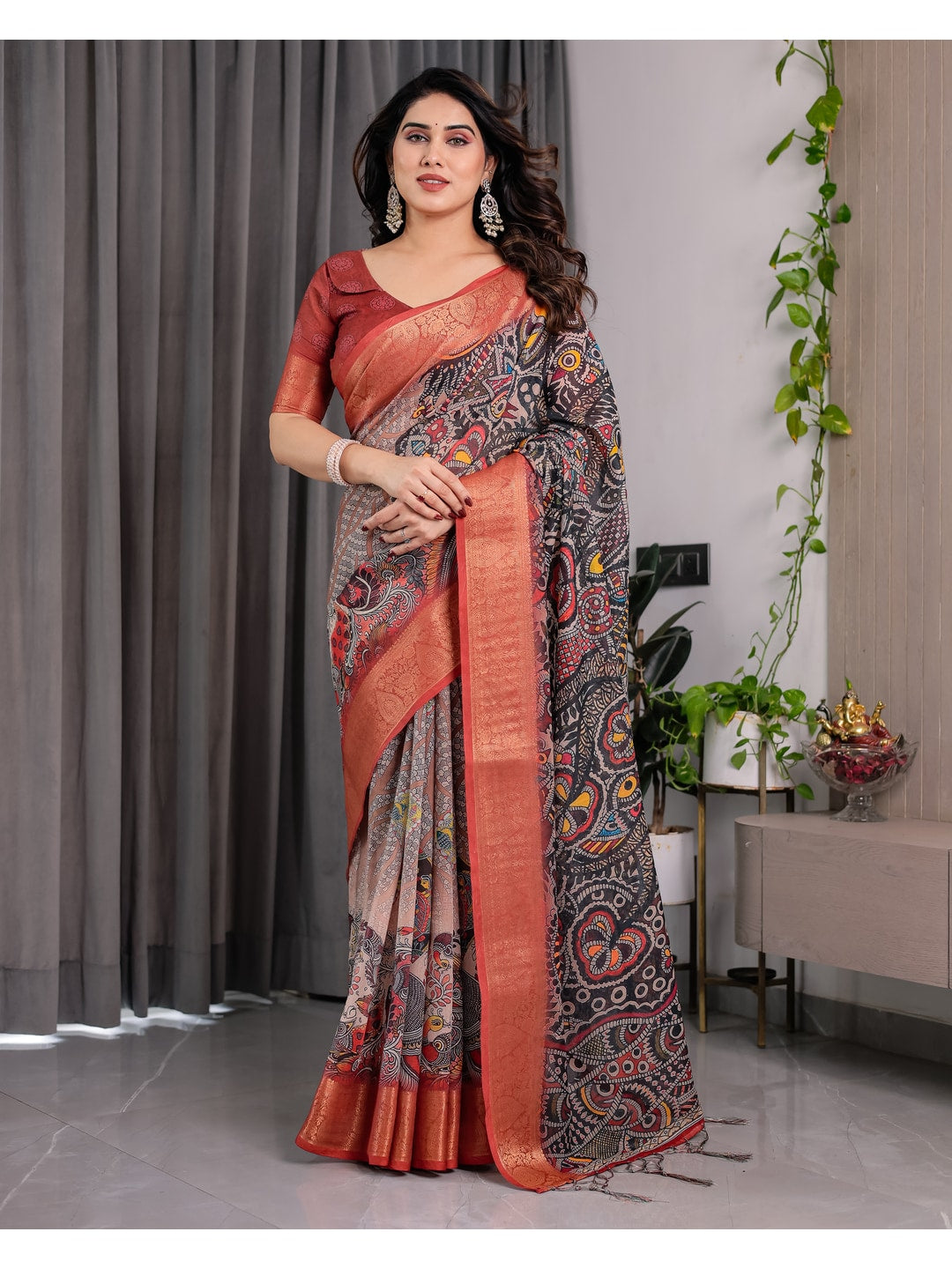 Peachmode Black Handloom Linen Cotton Floral Print Saree - Image 6