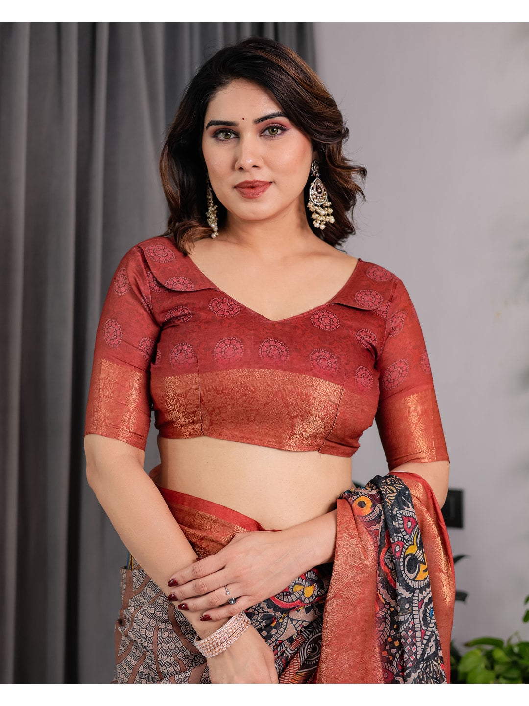 Peachmode Black Handloom Linen Cotton Floral Print Saree - Image 9