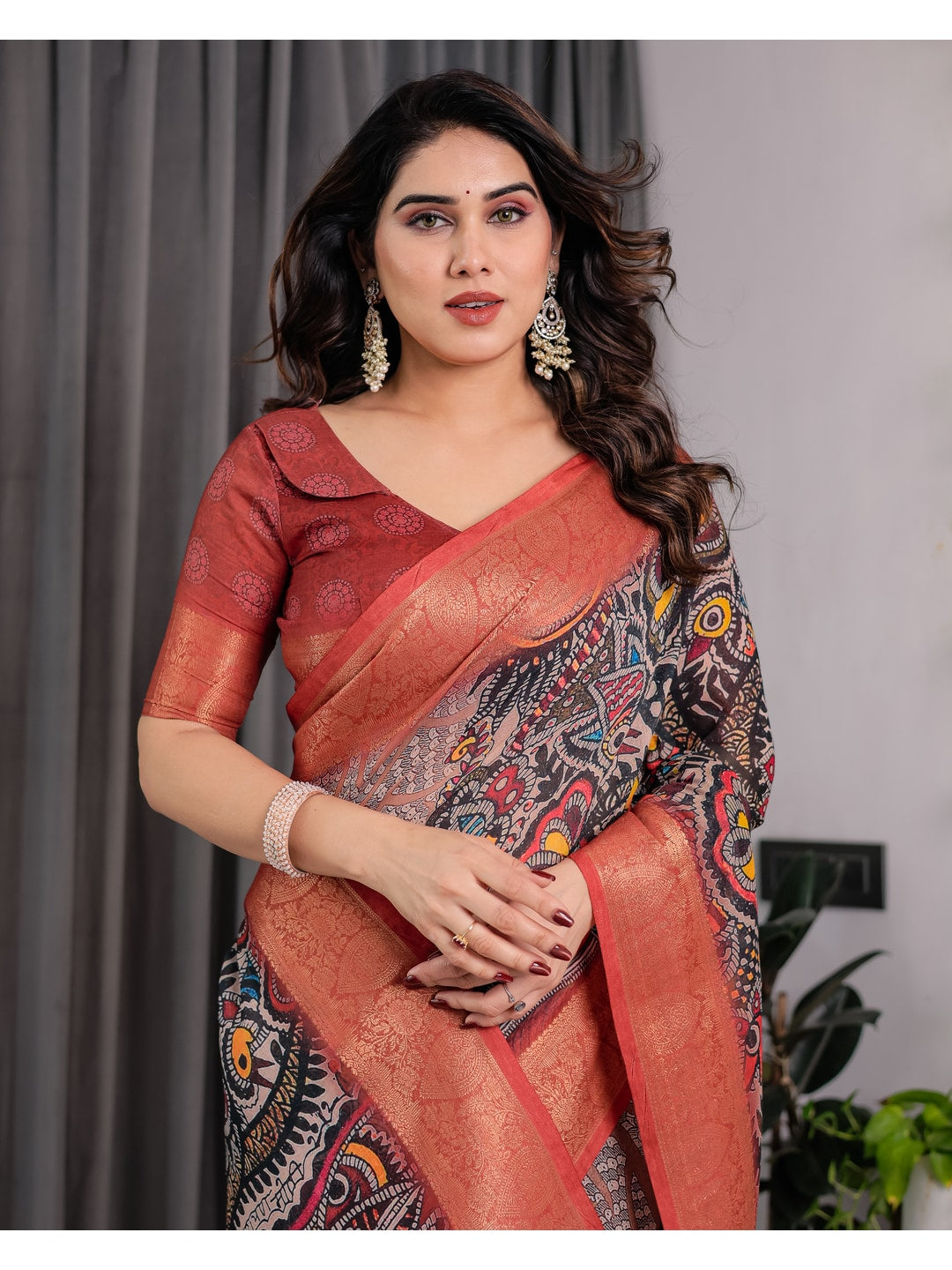 Peachmode Black Handloom Linen Cotton Floral Print Saree - Image 12